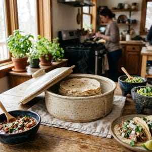 Op de afbeelding: Een ronde, gespikkelde beige keramische tortillawwarmer met bijpassend deksel, gevuld met een stapel warme bloemtortilla's. De warmer staat op een houten tafel naast kommen met salsa en guacamole, en borden met taco's met koriander.
