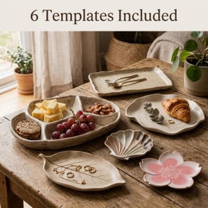 Pacote com 6 Moldes de Cerâmica | Coleção de Utensílios de Mesa de Cerâmica Faça Você Mesmo | Moldes de Cerâmica para Tábua de Frios, Bandeja e Prato em PDF