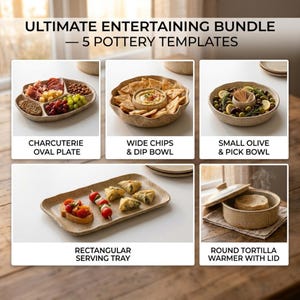 Puede incluir: Ultimate Entertaining Bundle 5 Pottery Templates que incluye un plato ovalado para charcuter&iacute;a, un cuenco ancho para patatas y salsa, un cuenco peque&ntilde;o para aceitunas, una bandeja rectangular y un calentador de tortillas redondo con tapa.