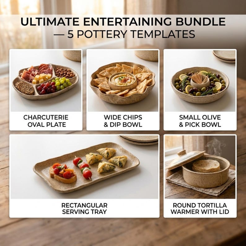 Puede incluir: Ultimate Entertaining Bundle 5 Pottery Templates que incluye un plato ovalado para charcuter&iacute;a, un cuenco ancho para patatas y salsa, un cuenco peque&ntilde;o para aceitunas, una bandeja rectangular y un calentador de tortillas redondo con tapa.