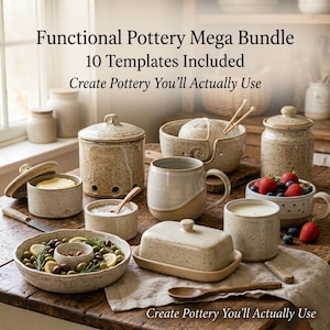 May include: A collection of speckled ceramic pottery including a butter dish, a yarn bowl, a lidded jar, a mug, a serving dish with olives, and a small bowl with salt. Text reads: Functional Pottery Mega Bundle 10 Templates Included.
