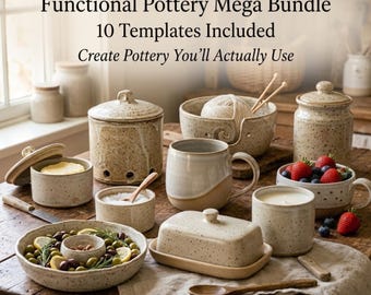 May include: A collection of speckled ceramic pottery including a butter dish, a yarn bowl, a lidded jar, a mug, a serving dish with olives, and a small bowl with salt. Text reads: Functional Pottery Mega Bundle 10 Templates Included.