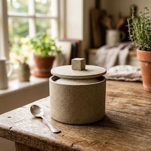 Może przedstawiać: Cylindryczna cukiernica ceramiczna o nakrapianym beżowym wykończeniu z dopasowaną pokrywką z małym uchwytem w kształcie sześcianu. Pojemnik jest wypełniony białym cukrem kryształem i towarzyszy mu mała łyżeczka w kolorze srebrnym.