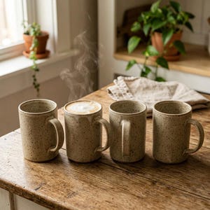 May include: Four cylindrical ceramic mugs with a speckled beige finish arranged in a row on a wooden surface. One mug is filled with a hot beverage topped with white foam, emitting visible steam, while the other three mugs are empty.