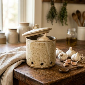 Może przedstawiać: Cylindryczny ceramiczny pojemnik na czosnek z nakrapianą beżową glazurą i pasującą pokrywką. Pojemnik posiada szereg małych okrągłych otworów wentylacyjnych wokół podstawy i zawiera w środku całą główkę białego czosnku.