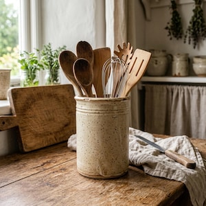 May include: A cylindrical, speckled cream-colored ceramic utensil crock filled with various wooden spoons, a wooden spatula, a wooden pasta server, and a metal wire whisk. The container has a textured, rustic finish and sits upright.