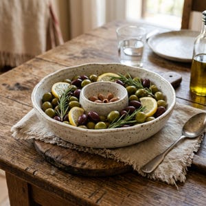 Peut inclure: Un plat de service en céramique blanc cassé moucheté avec un bol central intégré. Le plat est rempli d'olives vertes et noires, de tranches de citron et de brins de romarin frais, tandis que le bol central contient des amandes brunes.