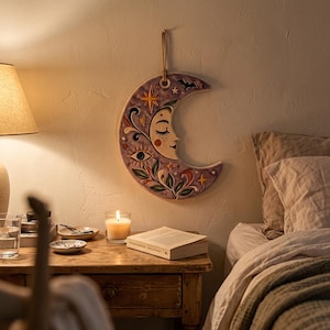 May include: A crescent moon wall hanging made of ceramic, featuring a painted face with closed eyes, a central eye symbol, stars, leaves, and a small bat. The piece is colored in shades of purple and cream, suspended by a jute rope.
