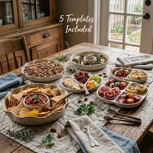 May include: A collection of speckled ceramic serving dishes on a wooden table, including a large scalloped bowl with a central dip container, a divided appetizer tray, and a round bowl, with text reading 5 Templates Included.
