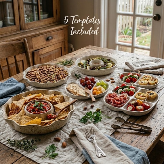 Snack and Entertaining Pottery Bundle PDF | 5 Slab Pottery Templates | Chips & Dip Bowl Olive Bowl and Snacking Plates