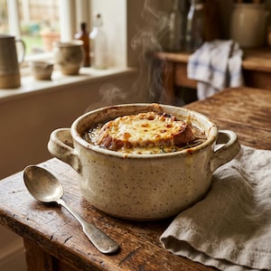 Può includere: Una ciotola in ceramica maculata con due manici laterali contenente zuppa di cipolle calda guarnita con una fetta di pane tostato e formaggio fuso, accompagnata da un cucchiaio d'argento. Il vapore sale dalla ciotola su una superficie in legno.