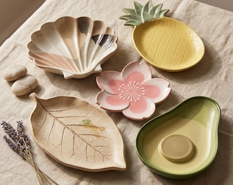 Paquete de cerámica de la serie Naturaleza / 5 plantillas para losas / Bandeja de hojas, plato de cerezo, plato de conchas, plato de aguacate, plato de piña / PDF