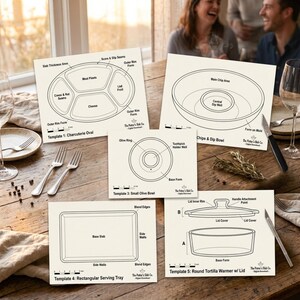 Puede incluir: Cinco plantillas instructivas blancas para la construcci&oacute;n de cer&aacute;mica etiquetadas como Template 1 Charcuterie Oval, Chips & Dip Bowl, Template 3 Small Olive Bowl, Template 4 Rectangular Serving Tray y Template 5 Round Tortilla Warmer with Lid.
