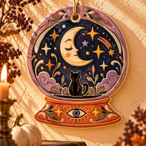 May include: A ceramic wall hanging shaped like a crystal ball featuring a dark blue night sky with a crescent moon face, a black cat, and yellow stars. The base is orange with a central eye motif and decorative floral accents in purple and green.