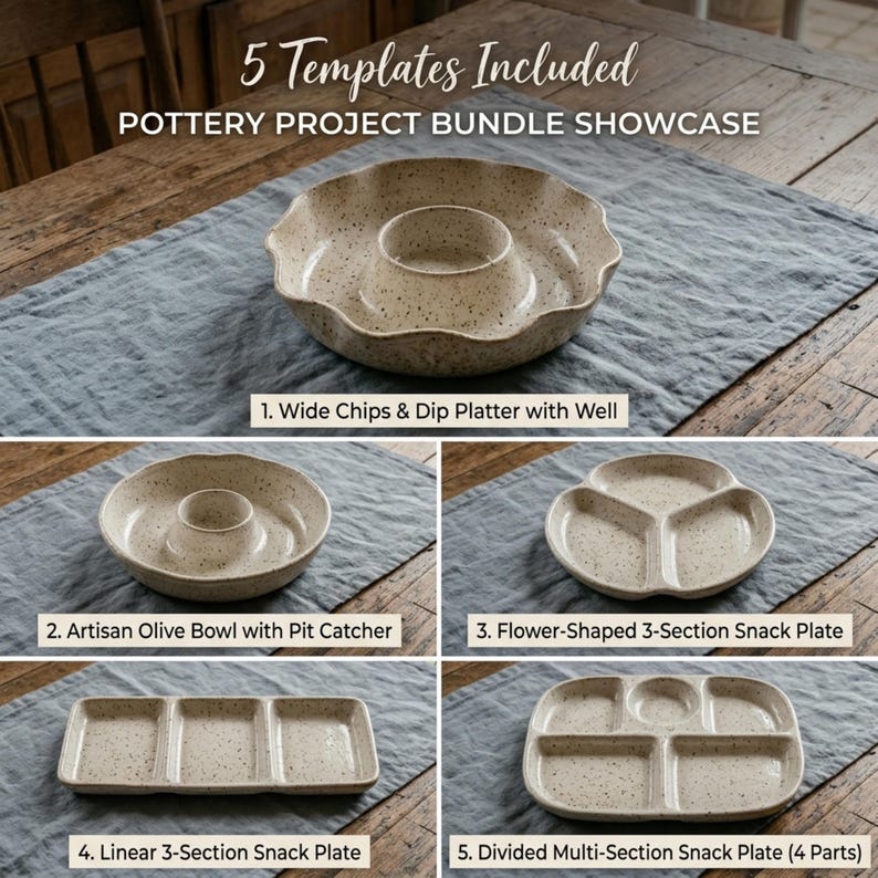 May include: A pottery project bundle showcase featuring 5 templates: a wide chips and dip platter with a well, an artisan olive bowl with a pit catcher, a flower-shaped 3-section snack plate, a linear 3-section snack plate, and a 4-part divided snack plate.