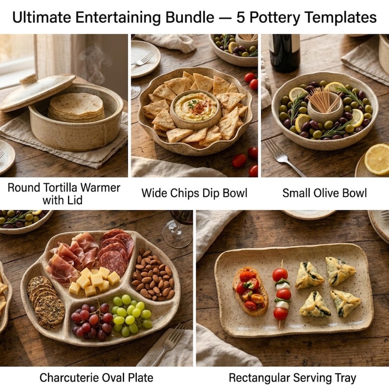 Puede incluir: Ultimate Entertaining Bundle &mdash; 5 Pottery Templates que incluye un calentador de tortillas redondo con tapa, un cuenco ancho para salsas, un cuenco peque&ntilde;o para aceitunas, un plato ovalado para embutidos y una bandeja rectangular de cer&aacute;mica beige.