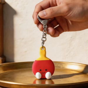 May include: A red and yellow ping pong paddle keychain with a smiling face and white accents. The keychain is held by a silver chain and clasp. The paddle is a fun, cartoon-like design.