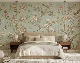 Sage Floral wallpaper mural, vintage botanical – Living Room – Peel and Stick Removable