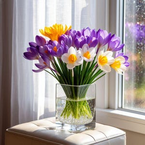 Peut inclure: Un vase carré en verre transparent rempli d'eau et d'un bouquet vibrant de fleurs de crocus violettes, blanches et jaunes. La composition présente des pétales violet foncé, des cœurs jaune vif et des pétales blancs à cœur jaune sur des tiges vertes.
