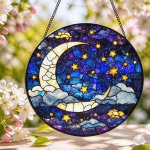 Moon and Stars Stained Glass Suncatcher: Celestial Window Hanging, Night Sky Home Decor
