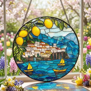 Amalfi Coast Stain Glass Suncatcher: Italian Village Lemons Window Hanging, Summer Home Decor