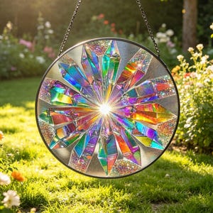 May include: A circular suncatcher featuring a radial arrangement of iridescent, crystal-like shards in vibrant hues of blue, purple, orange, and yellow. The design includes textured, glittery accents between the shards and a black metal frame.