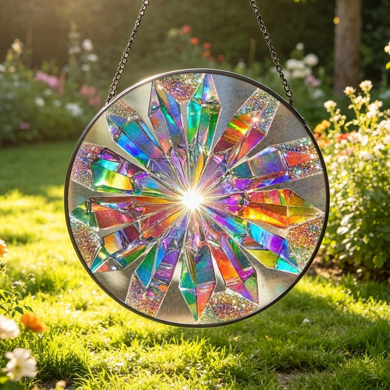 May include: A circular suncatcher featuring a radial arrangement of iridescent, crystal-like shards in vibrant hues of blue, purple, orange, and yellow. The design includes textured, glittery accents between the shards and a black metal frame.
