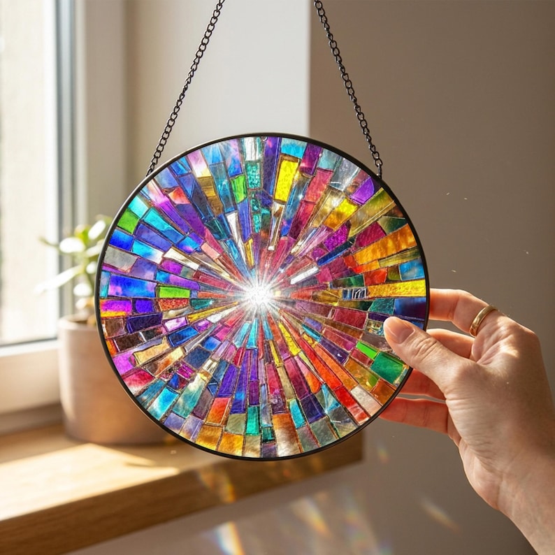 May include: A circular suncatcher featuring a vibrant mosaic of multicolored glass shards arranged in a radial pattern. The glass pieces include shades of blue, purple, red, orange, yellow, and green, all encased in a thin black metal frame.