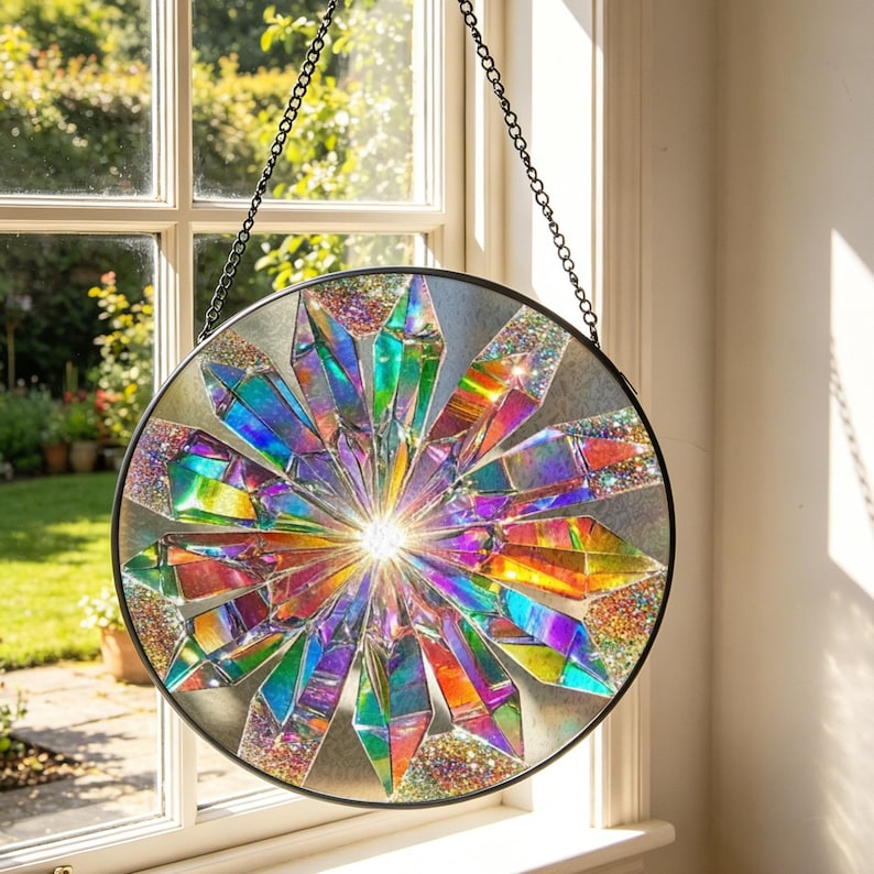 May include: A circular suncatcher featuring a radial pattern of iridescent, multi-colored crystal-like shapes arranged in a starburst design. The piece is framed in a thin black metal border and hangs from a black metal chain.