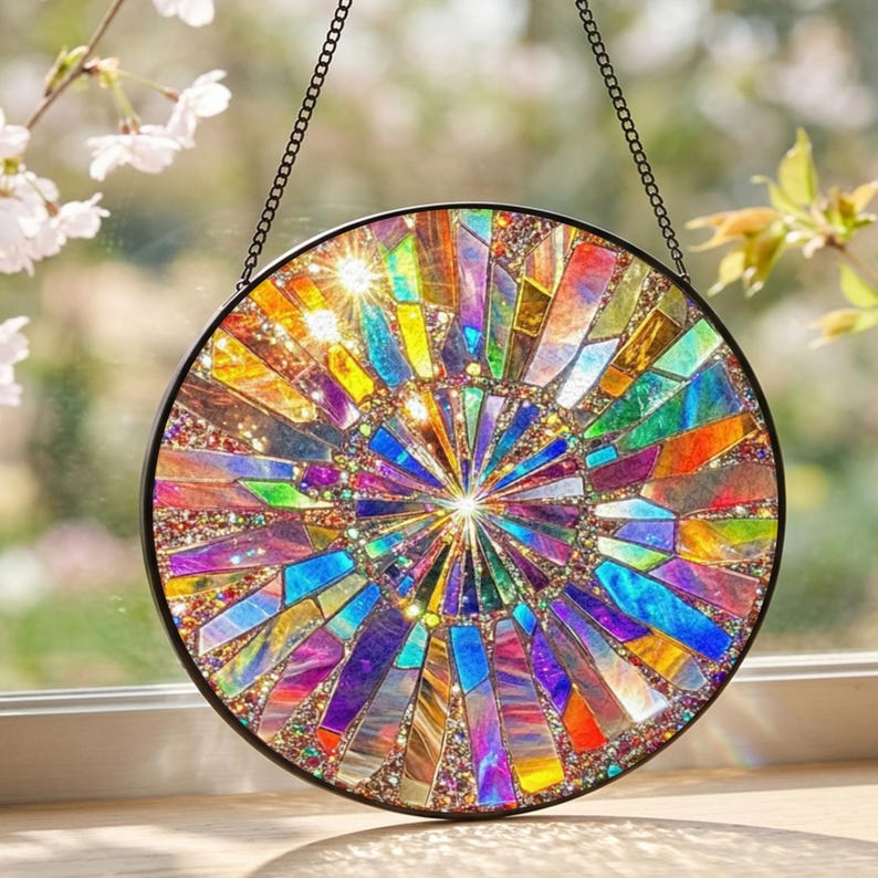 Rainbow Spiral Stained Glass Suncatcher: Rainbow Window Hanging, Summer Home Decor image 8