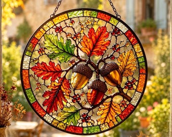 Acorn Stained Glass Suncatcher: Autumn Window Hanging, Fall Farmhouse Decor