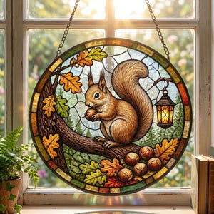 May include: A circular stained glass suncatcher featuring a brown squirrel perched on a tree branch holding a nut. The design includes colourful autumn oak leaves, several acorns, and a small hanging lantern with a warm yellow glow.