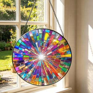May include: A circular stained glass suncatcher featuring a radial pattern of multicolored glass shards in shades of blue, green, yellow, orange, and purple, encased in a thin black metal frame and suspended by a black metal chain.
