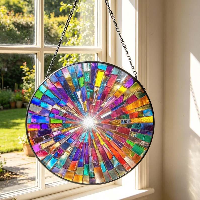 May include: A circular stained glass suncatcher featuring a radial pattern of multicolored glass shards in shades of blue, green, yellow, orange, and purple, encased in a thin black metal frame and suspended by a black metal chain.