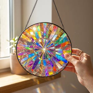 May include: A circular suncatcher featuring a radial mosaic pattern of iridescent, multi-colored glass shards in shades of blue, purple, orange, and yellow. The glass pieces are set within a thin black metal frame and suspended by a black chain.