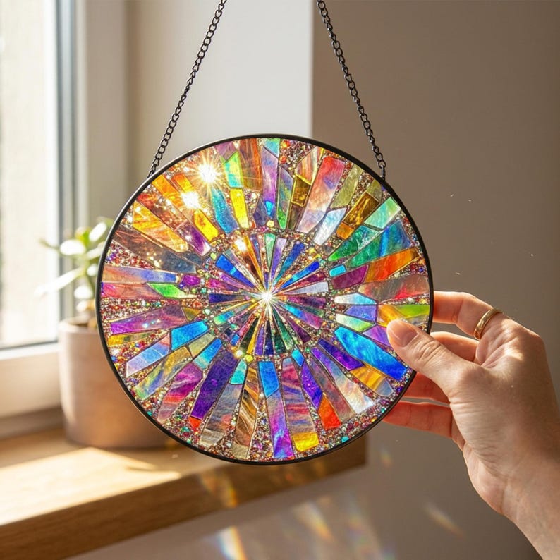 May include: A circular suncatcher featuring a radial mosaic pattern of iridescent, multi-colored glass shards in shades of blue, purple, orange, and yellow. The glass pieces are set within a thin black metal frame and suspended by a black chain.