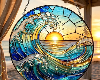 Sea Wave Stained Glass Suncatcher: Sunset Ocean Coastal Window Hanging, Beach House Glass Gift