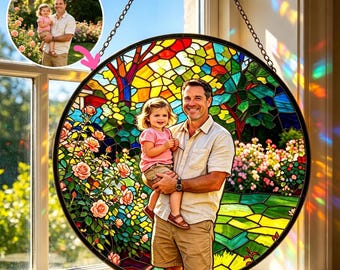 Aangepaste foto glas-in-lood zonnevanger: gepersonaliseerd Vaderdagcadeau, familieportret hangend aan raam