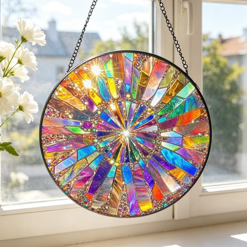 Rainbow Spiral Stained Glass Suncatcher: Rainbow Window Hanging, Summer Home Decor image 10