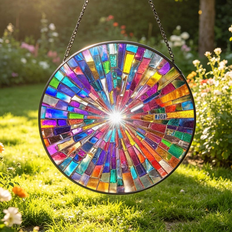 May include: A circular suncatcher featuring a radial mosaic of multicolored glass shards in shades of blue, purple, yellow, orange, and green. The glass pieces are arranged in a sunburst pattern within a thin black metal frame, suspended by a chain.