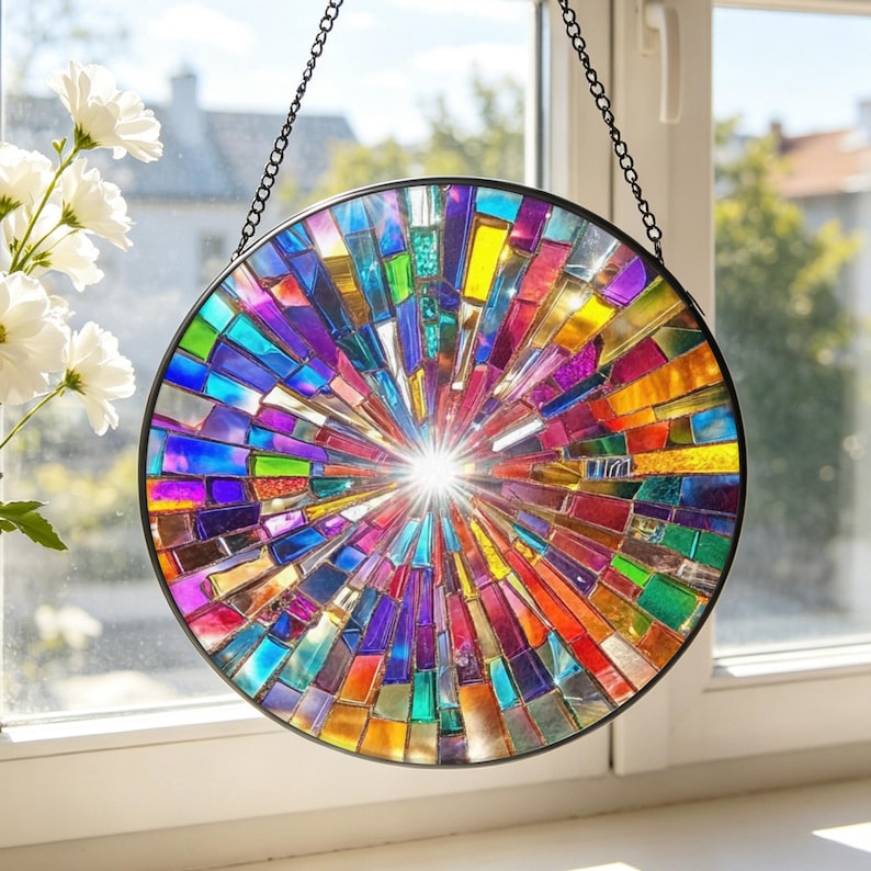 Rainbow Spiral Stained Glass Suncatcher: Rainbow Window Hanging, Summer Home Decor image 9