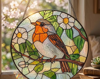 Robin Stained Glass Suncatcher: hangend vogelraam, kleurrijke natuurlijke glaskunst