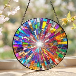 May include: A circular stained glass suncatcher featuring a vibrant mosaic of multicolored glass shards arranged in a radial pattern. The piece is framed in a thin black metal border and hangs from a black chain, catching light to create a bright center.