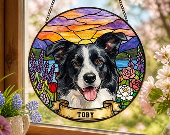 Acchiappasole personalizzato in vetro colorato con ritratto di cane: regalo commemorativo personalizzato con ritratto di animale domestico, ricordo della perdita di un cane.