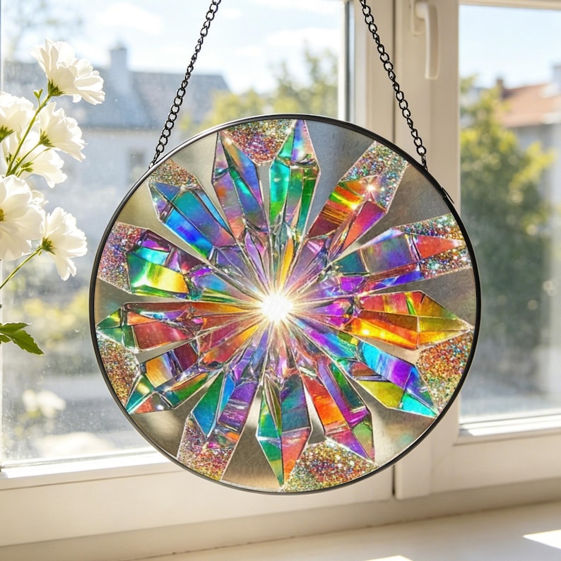Rainbow Spiral Stained Glass Suncatcher: Rainbow Window Hanging, Summer Home Decor image 11