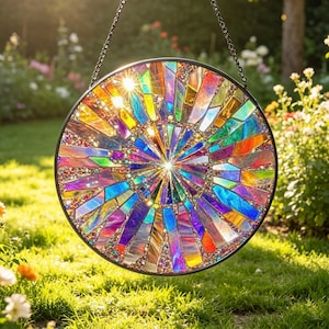 May include: A circular stained glass suncatcher featuring a radial pattern of multicolored, iridescent glass shards in shades of blue, purple, orange, and yellow, encased in a thin black metal frame and suspended by a black metal chain.