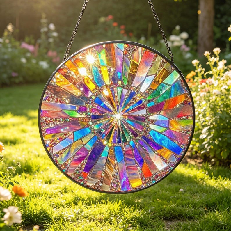May include: A circular stained glass suncatcher featuring a radial pattern of multicolored, iridescent glass shards in shades of blue, purple, orange, and yellow, encased in a thin black metal frame and suspended by a black metal chain.