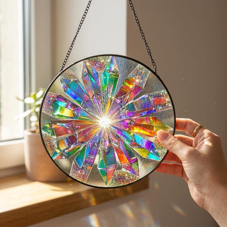 May include: A circular suncatcher featuring a radial arrangement of iridescent, crystal-like shards in vibrant rainbow colors. The design is encased in a thin black metal frame and suspended by a black chain, creating a prismatic light effect.