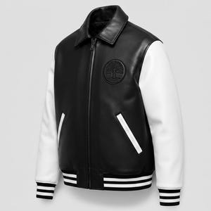 Handmade genuine leather varsity jacket USA patch black white letterman jacket luxury streetwear fashion outerwear