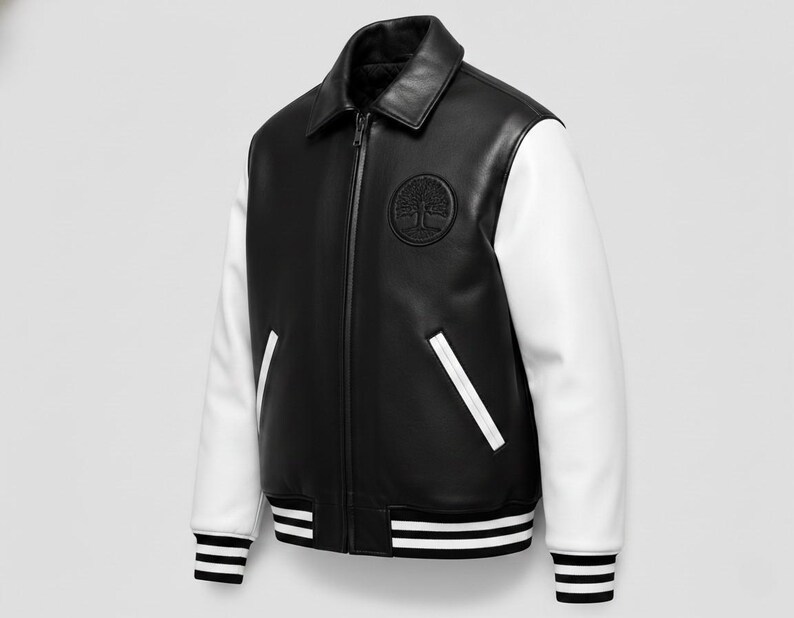Handmade genuine leather varsity jacket USA patch black white letterman jacket luxury streetwear fashion outerwear
